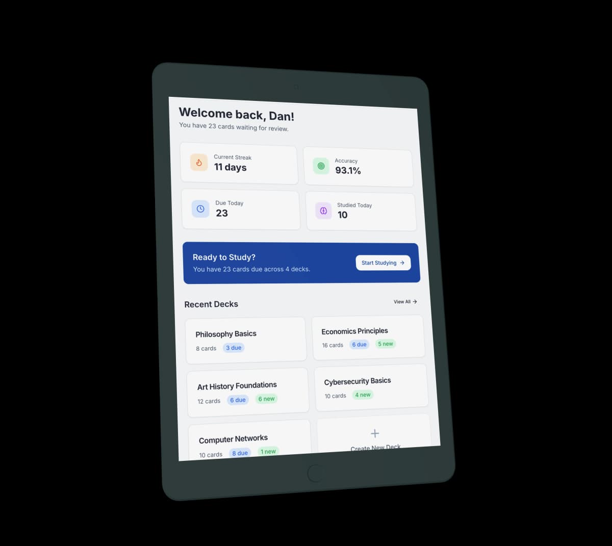 Space Repeat flashcard app tablet interface showing dashboard with decks and study statistics